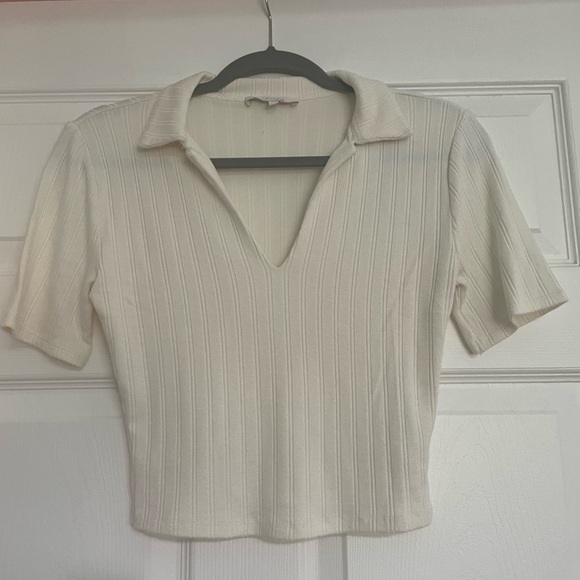 Elegant Cream Ribbed Short Sleeve Polo Top - Picture 1 of 3